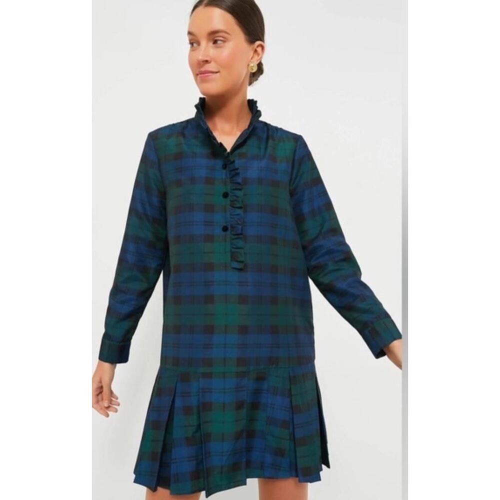 Tuckernuck Green and Navy Plaid Ruffled Hem Long-Sleeve Dress